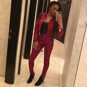 Red leopard print two piece jacket and pants set